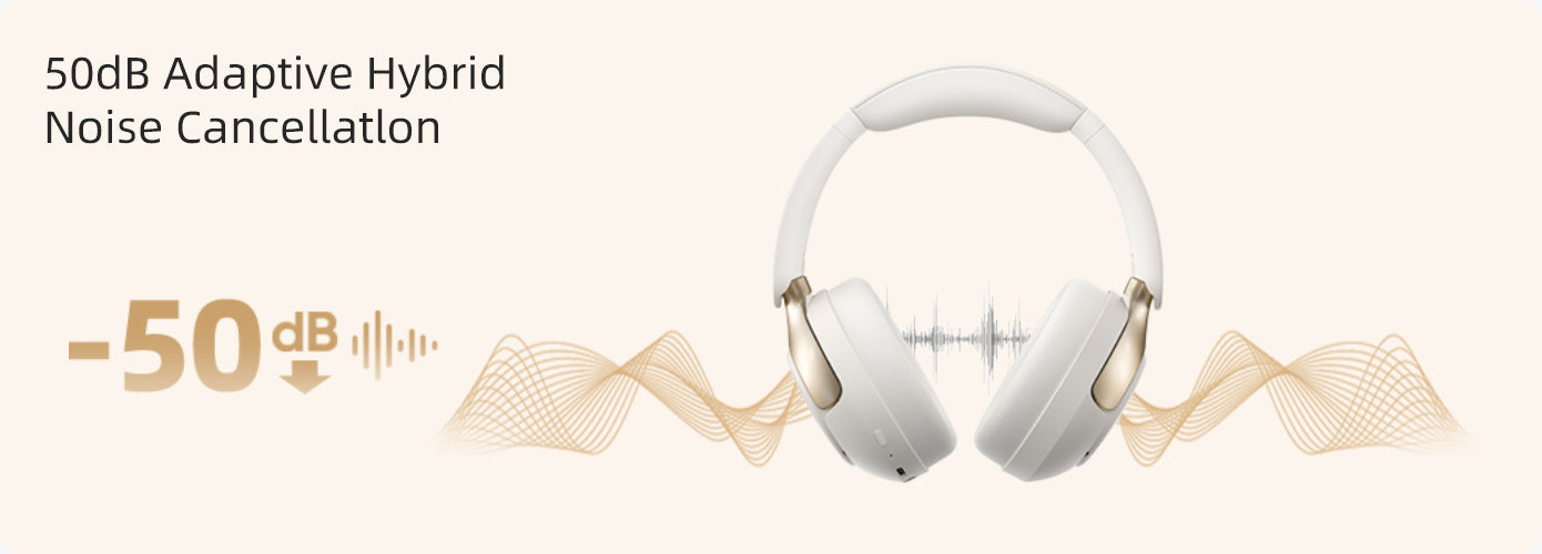 Cuffie bianche con cancellazione adattiva del rumore ibrida da 50 dB, rappresentate con onde sonore e riduzione del rumore.