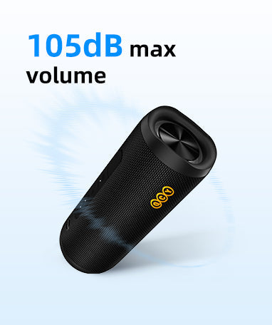 Altoparlante Bluetooth portatile nero con volume massimo di 105 dB, compatto e potente per l'uso in movimento.