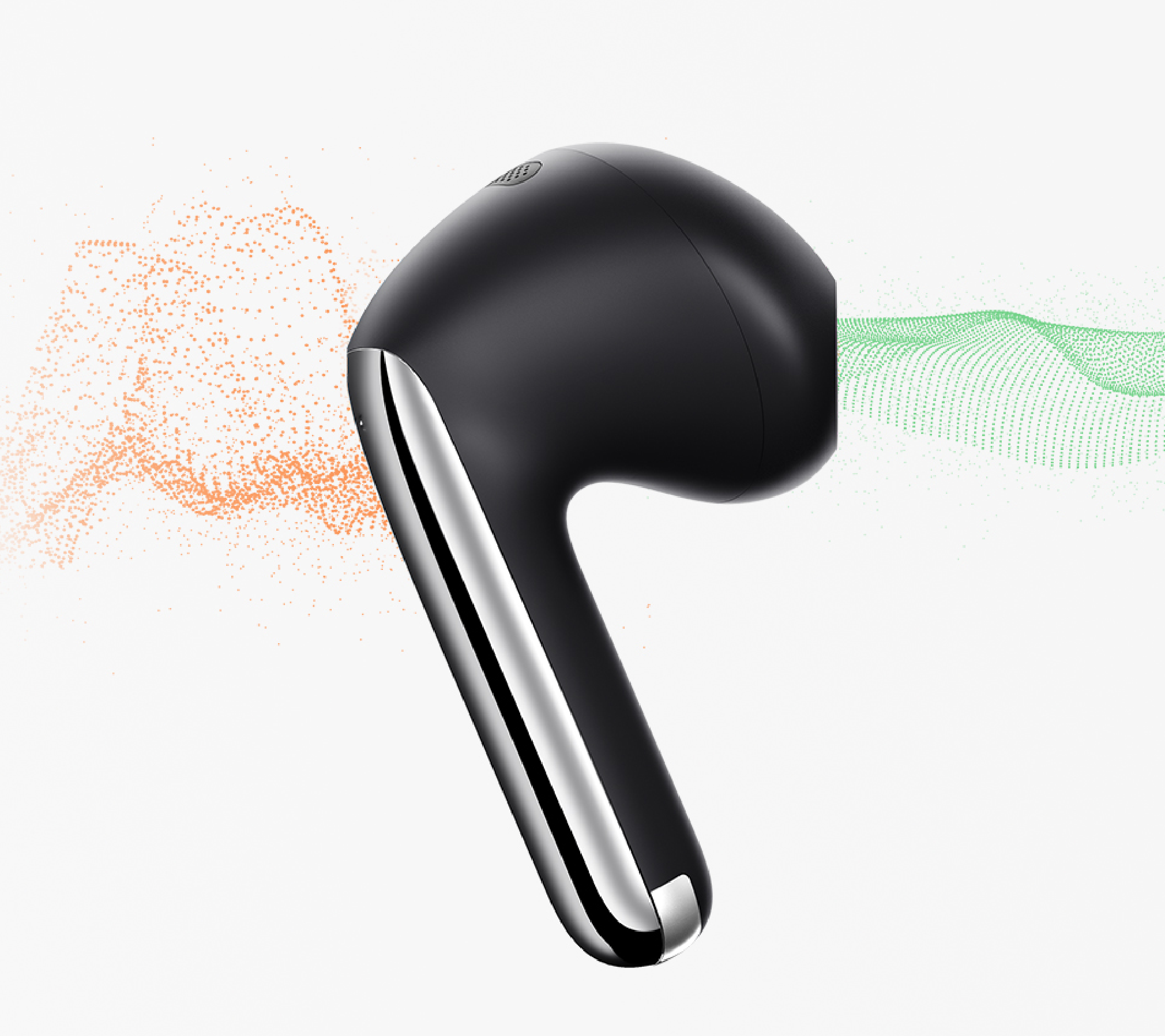 Asciugacapelli nero dal design moderno, circondato da effetti particellari arancioni e verdi su sfondo bianco.