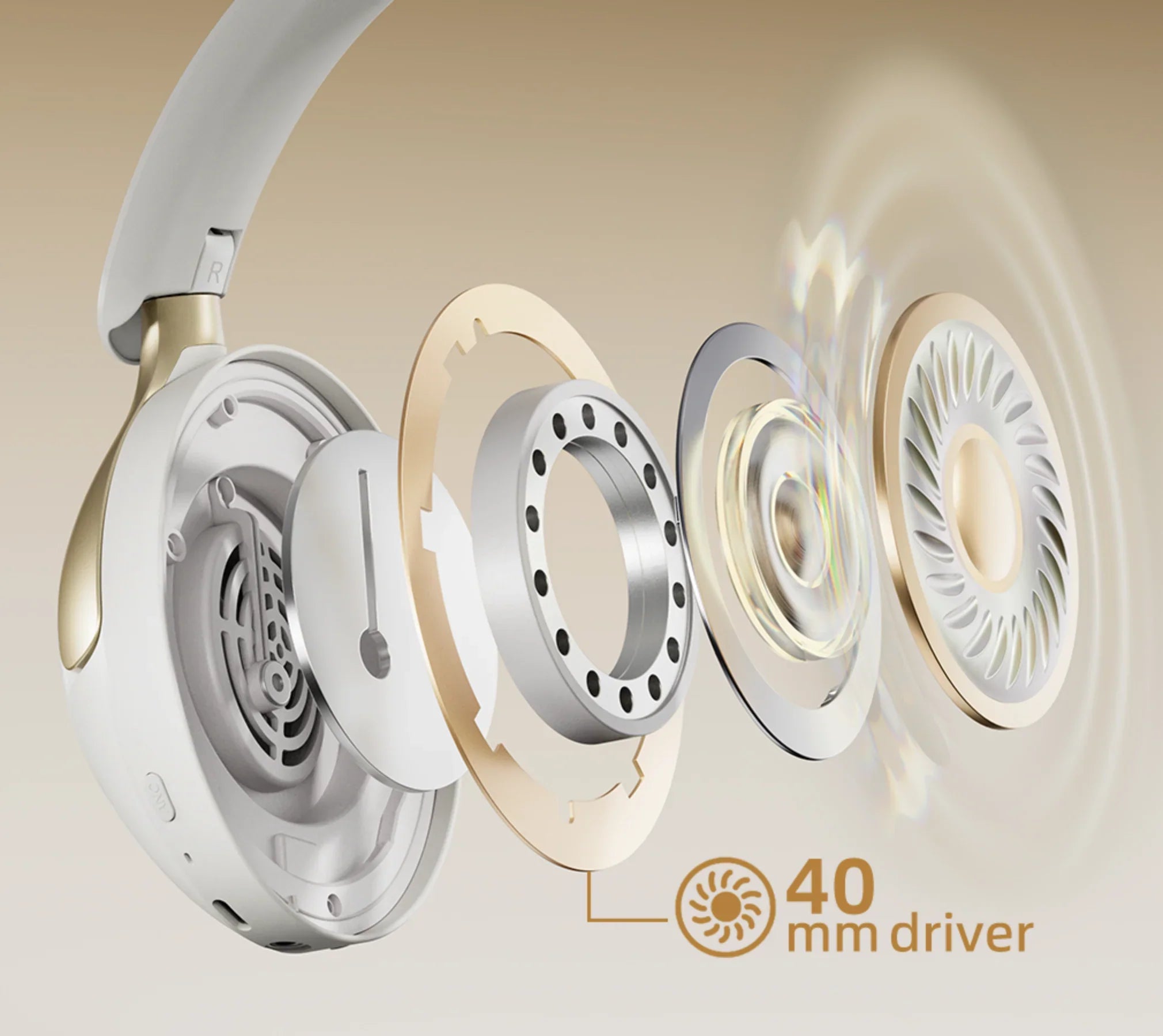 Cuffie over-ear bianche con driver da 40 mm, suono eccellente e design elegante.