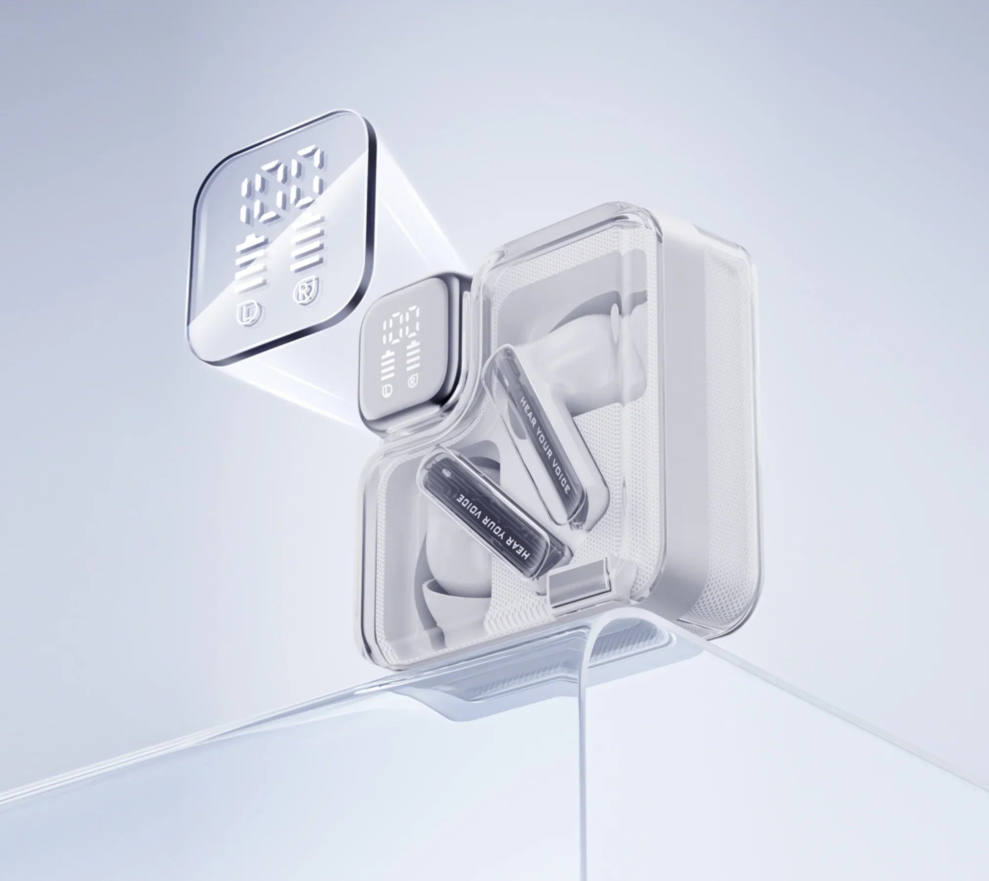 Scatola trasparente per auricolari con display digitale e auricolari – design moderno, stato di carica visibile, copertura "Hear Your Voice"