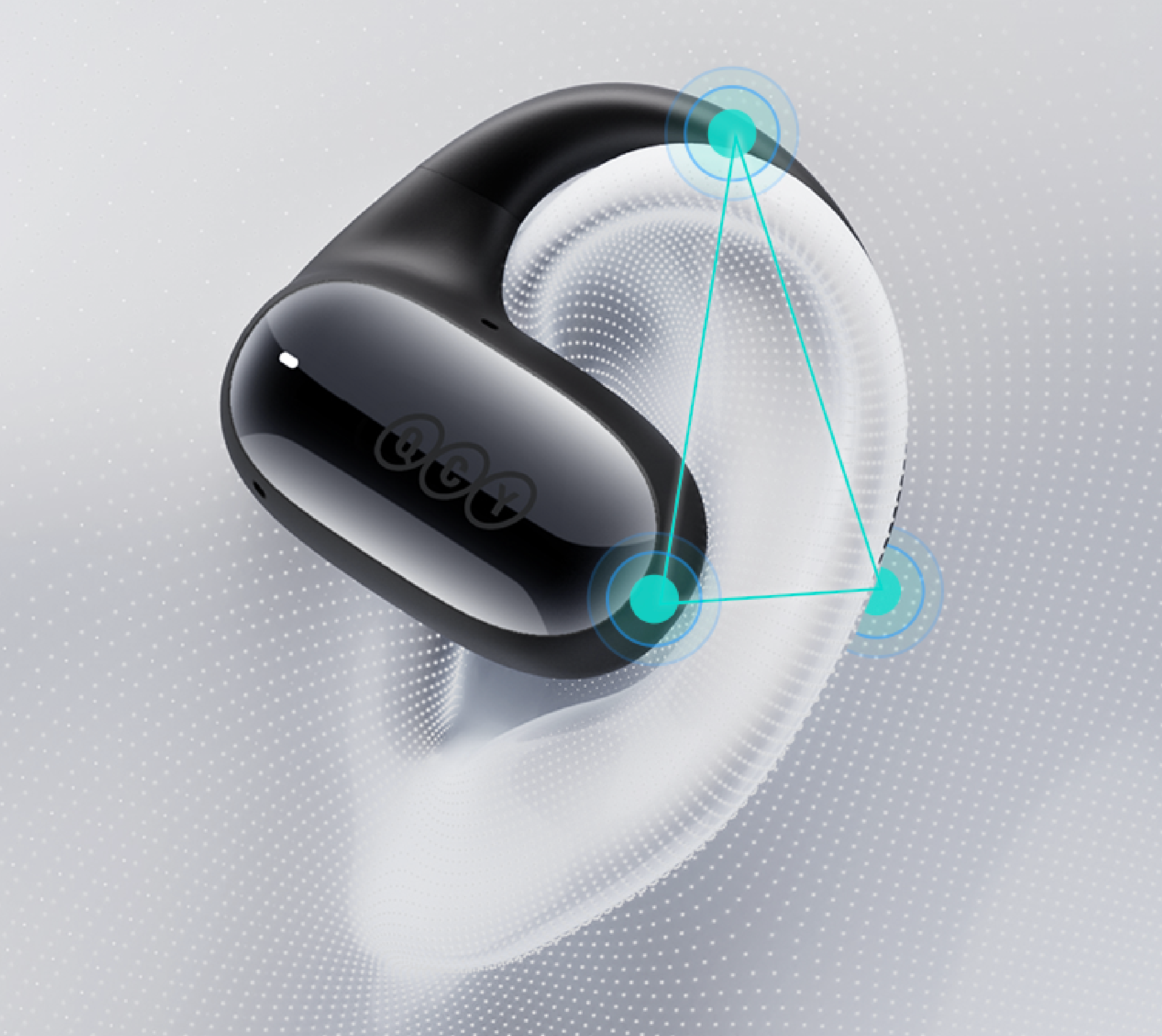 Auricolari QCY neri nella custodia con diagramma del suono 3D, ideali per musica e chiamate.
