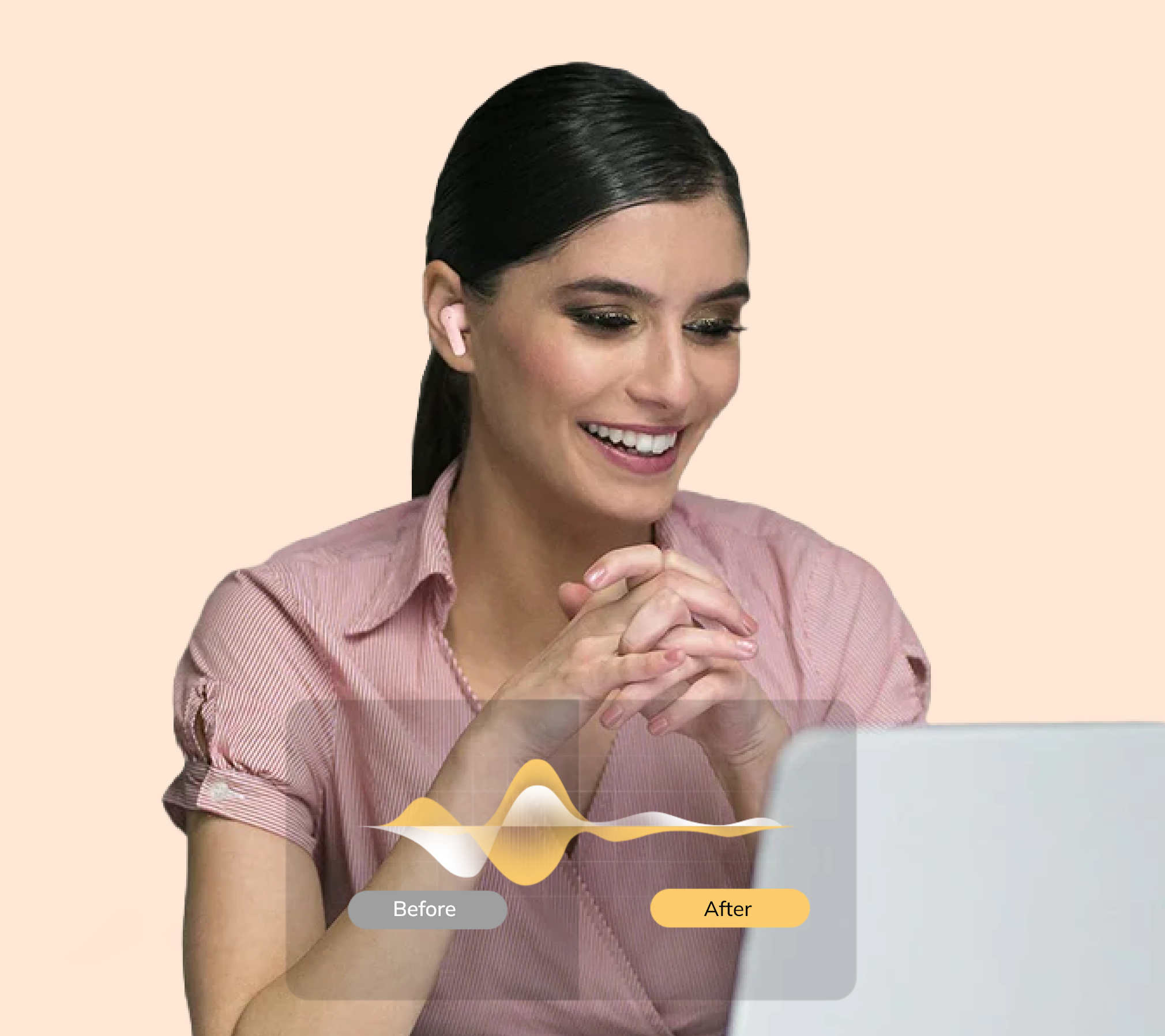 Donna felice con auricolari wireless durante una videochiamata – confronto prima/dopo