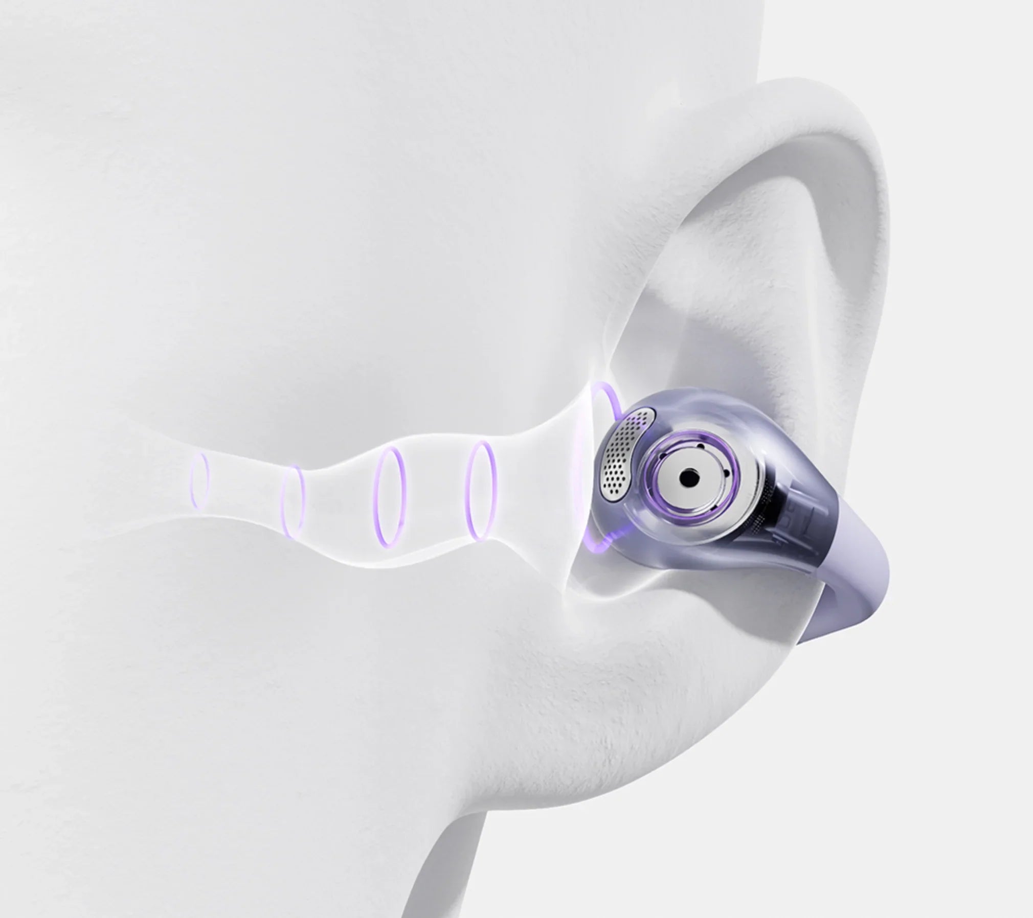 Apparecchio acustico moderno nel padiglione auricolare con onde sonore visibili.