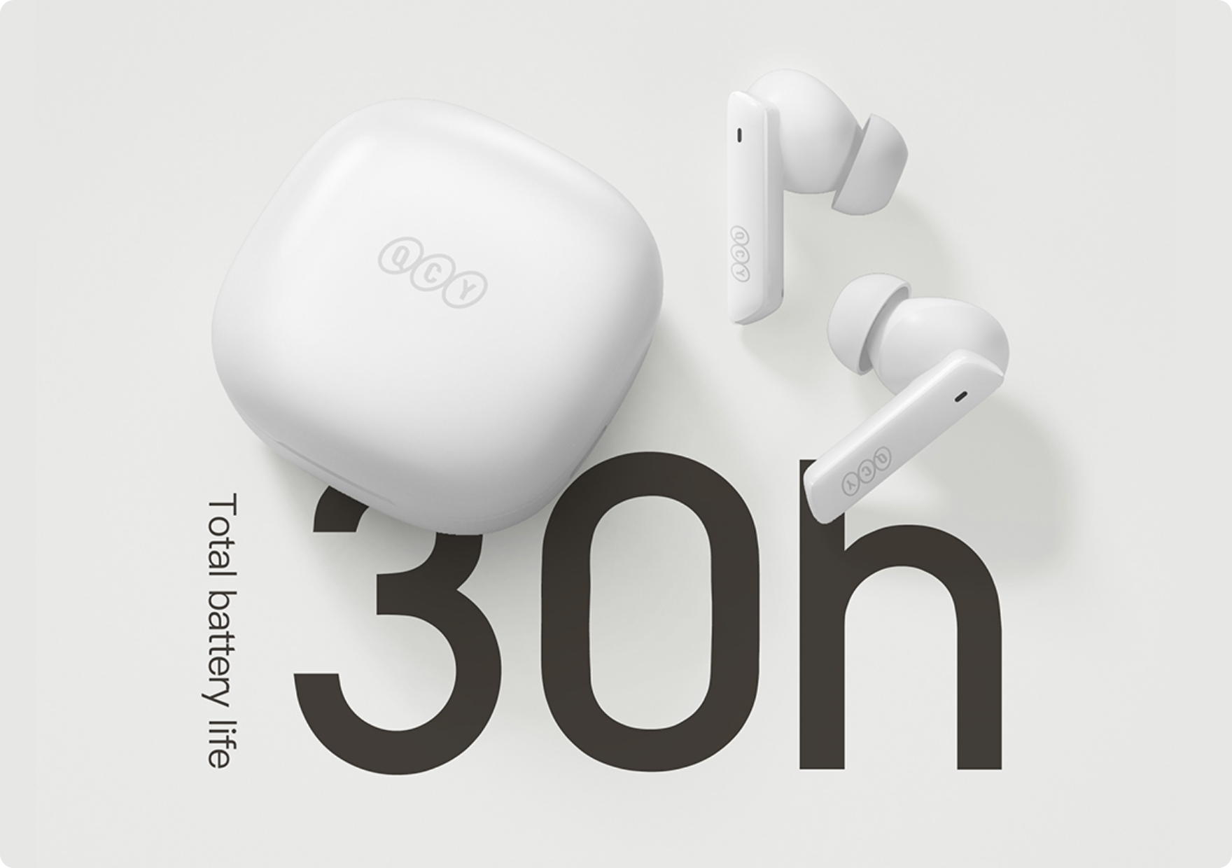 Cuffie Bluetooth QCY T13 bianche con custodia di ricarica, 30 ore di autonomia, wireless, design in-ear per musica e chiamate.
