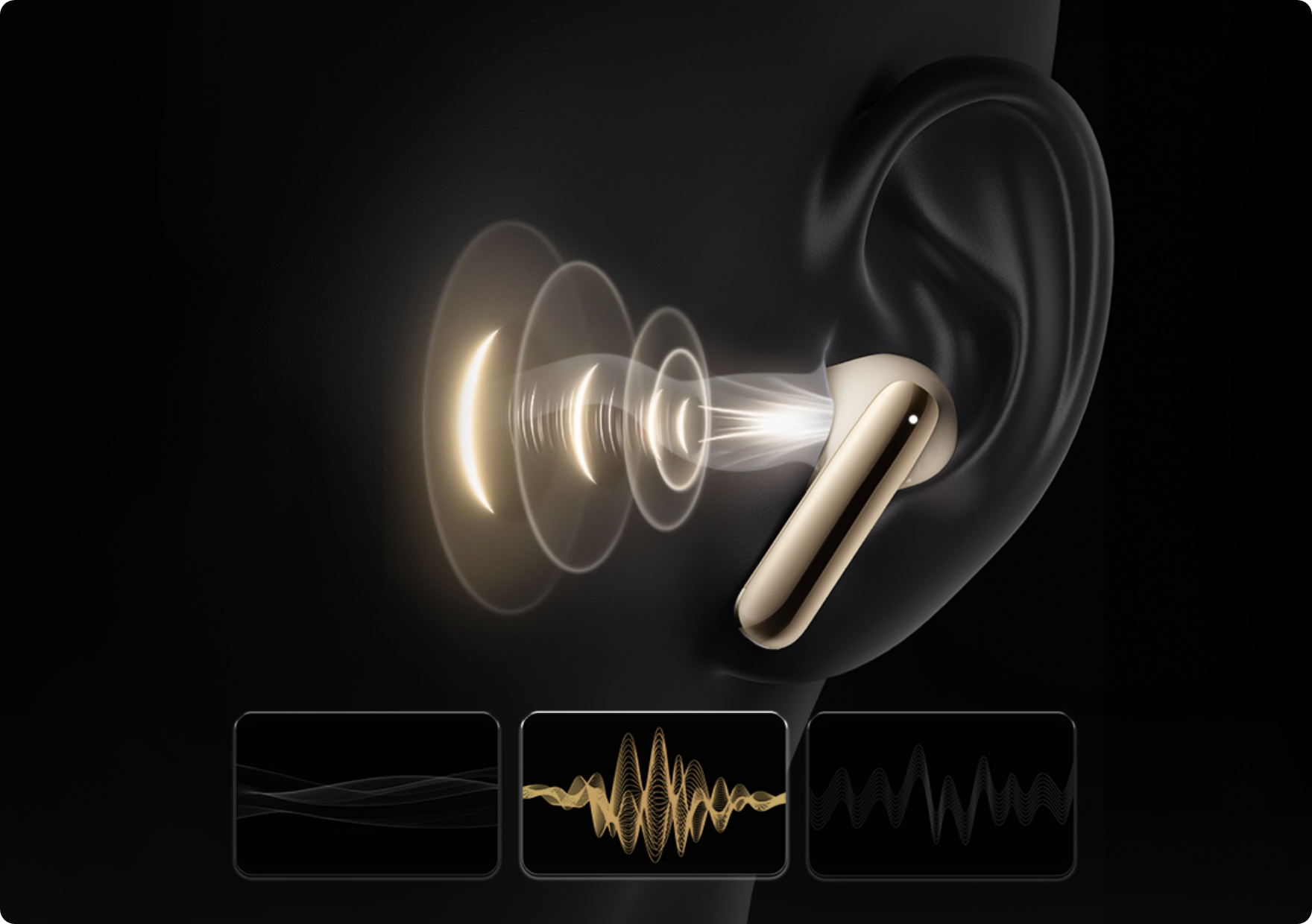 Auricolari in-ear dorati con rappresentazione delle onde sonore e analisi delle onde audio.