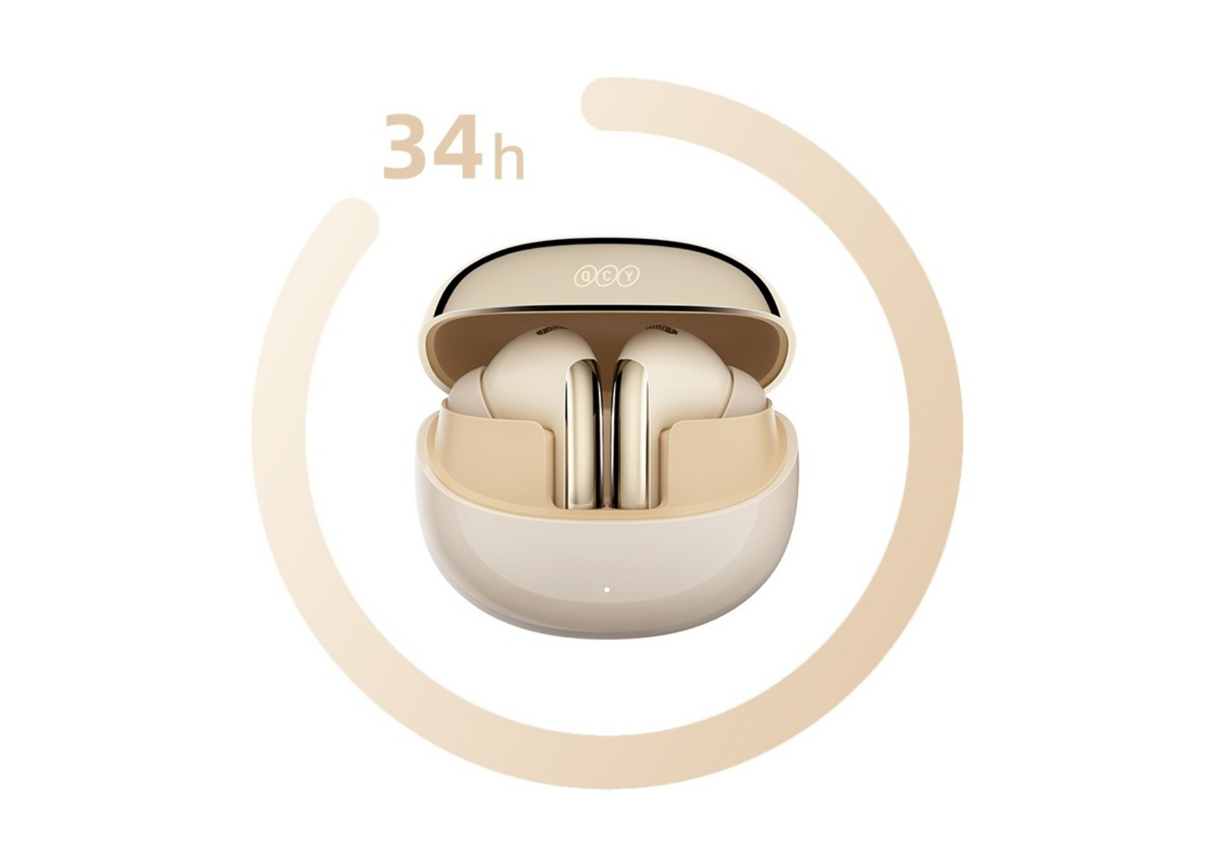 Auricolari wireless QCY beige con custodia di ricarica, 34 ore di autonomia, design elegante per viaggiare.