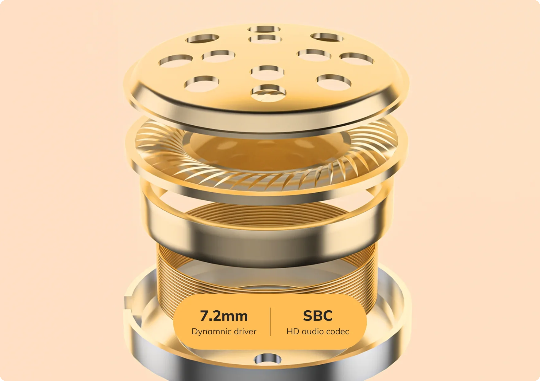 Driver per altoparlante dorato con dinamica da 7,2 mm e codec audio SBC HD.