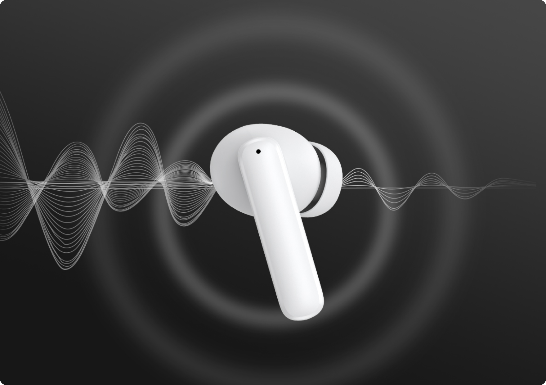 Auricolari wireless bianchi con rappresentazione di onde sonore su sfondo scuro.