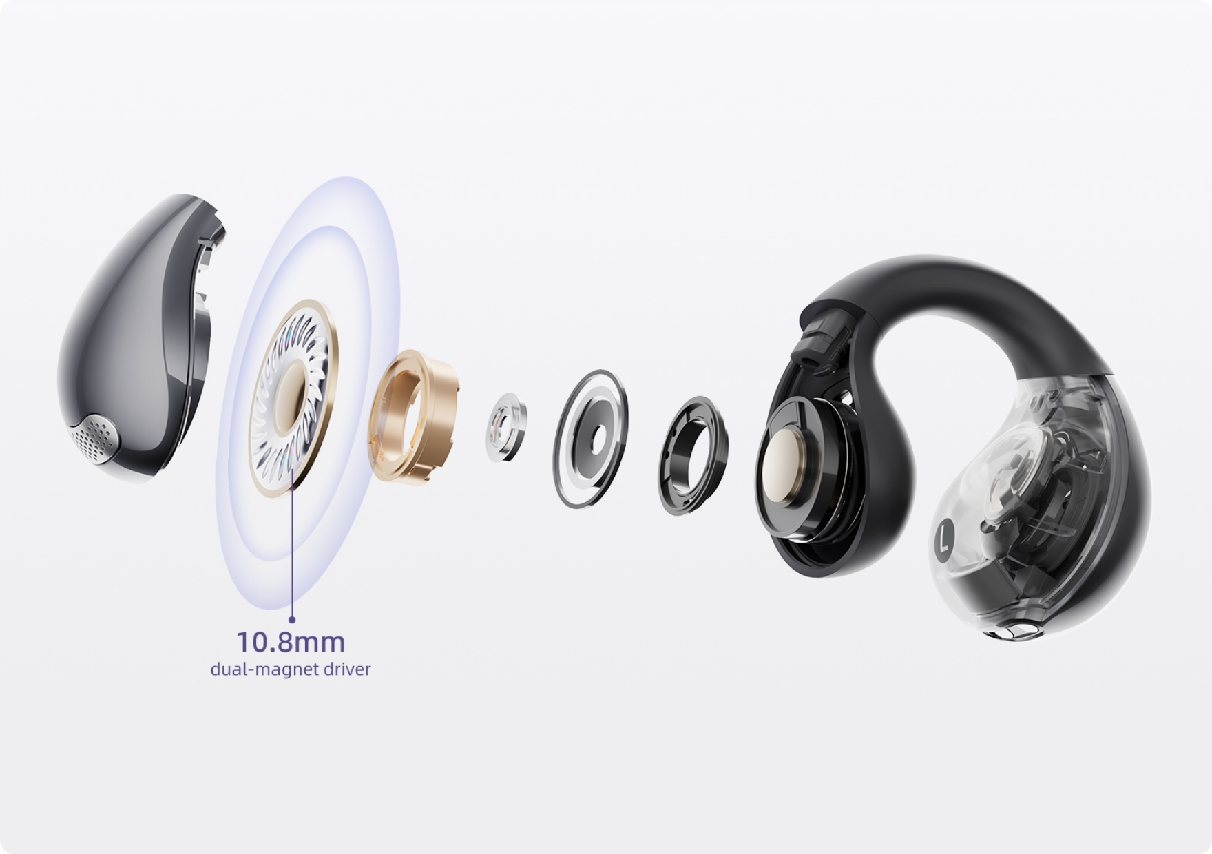 Rappresentazione dettagliata del driver a doppio magnete da 10,8 mm in un auricolare con custodia trasparente.