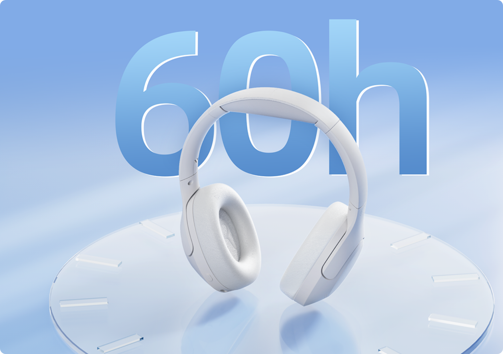 Cuffie over-ear bianche su sfondo blu con autonomia della batteria di 60h – design moderno per un lungo piacere musicale.