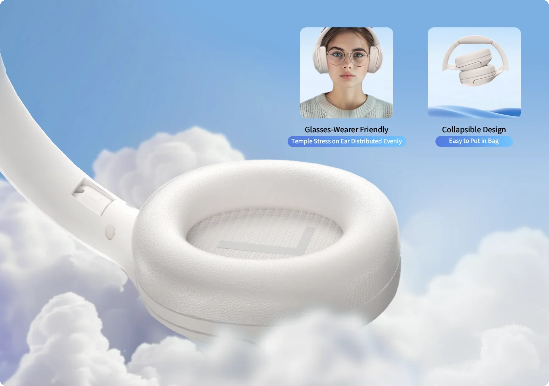 Cuffie pieghevoli bianche per chi porta gli occhiali – vestibilità comoda, facili da riporre.