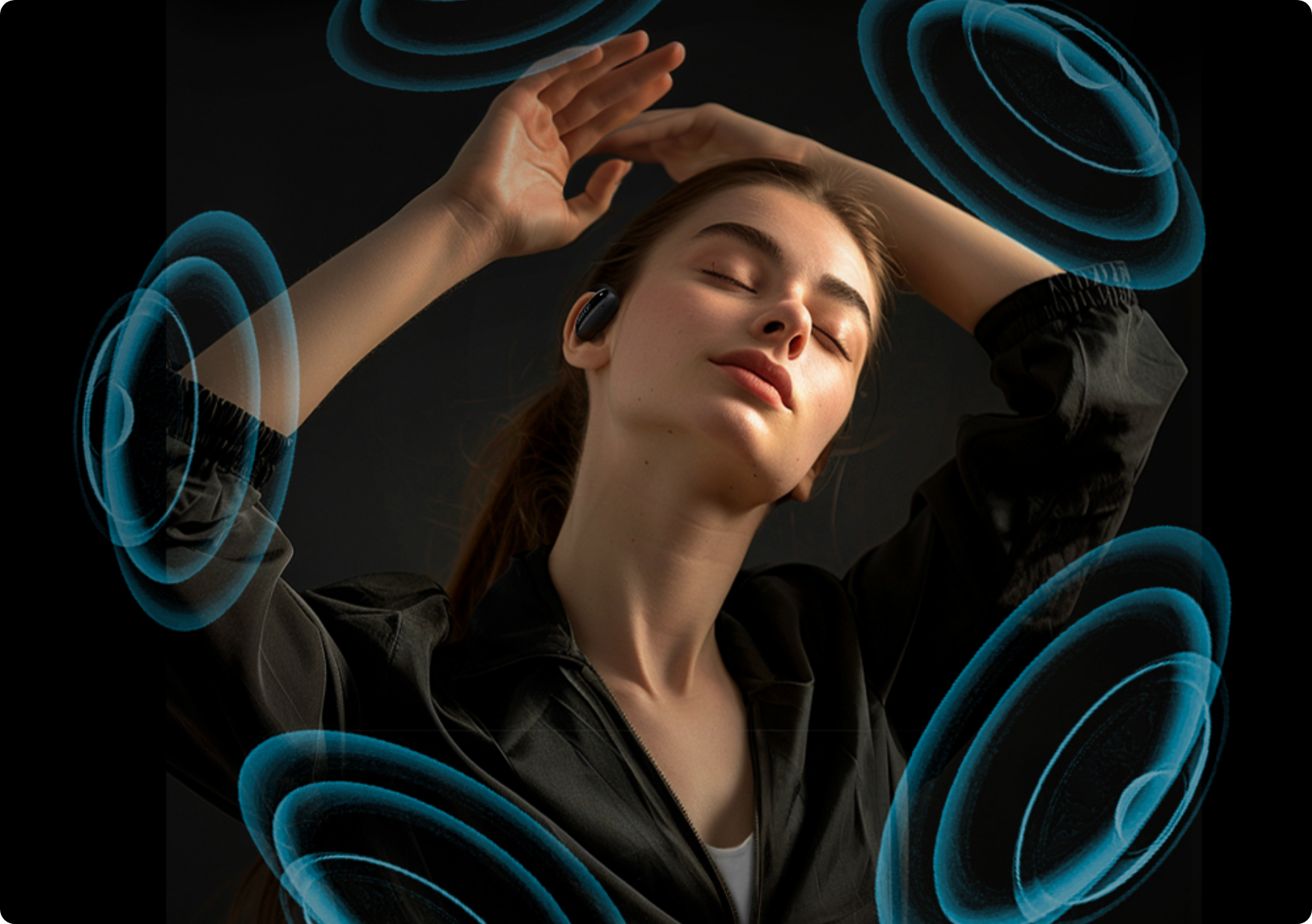 Donna con cuffie Bluetooth, onde sonore blu, momento di relax