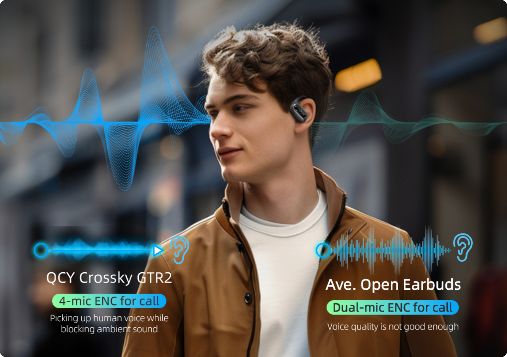 Auricolari QCY Crossky GTR2 con 4 microfoni ENC per chiamate chiare rispetto agli auricolari open medi.
