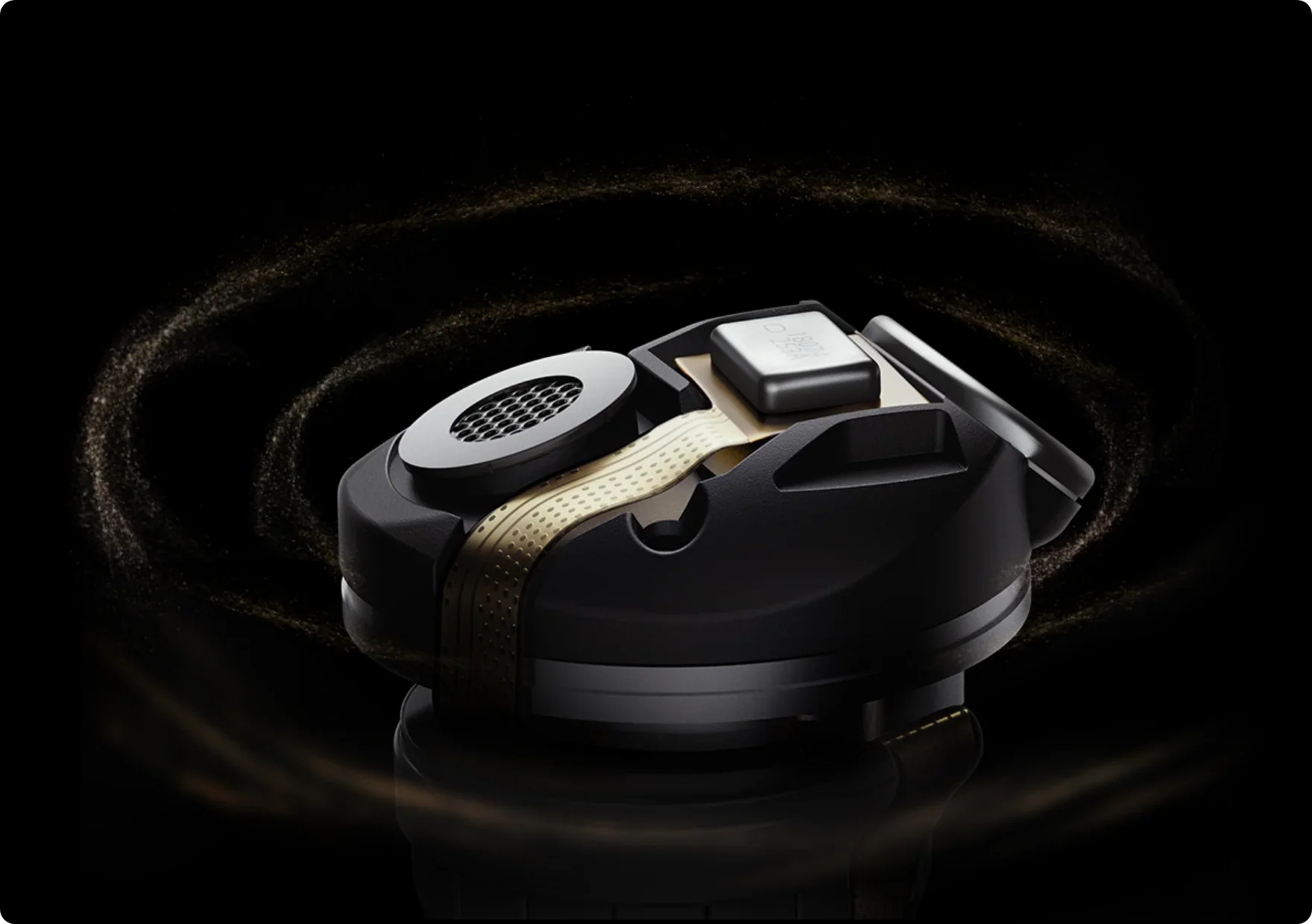 Cuffie dorate con design nero e accenti dorati.