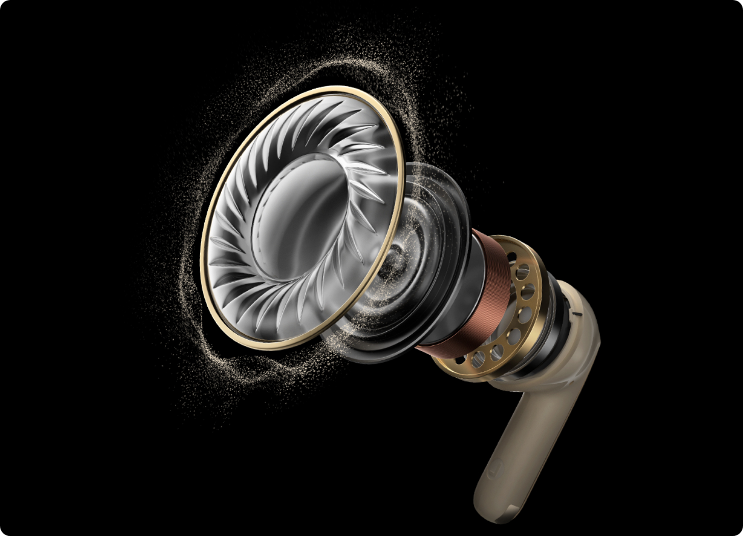 Struttura interna di un auricolare wireless con driver dorato e design moderno.