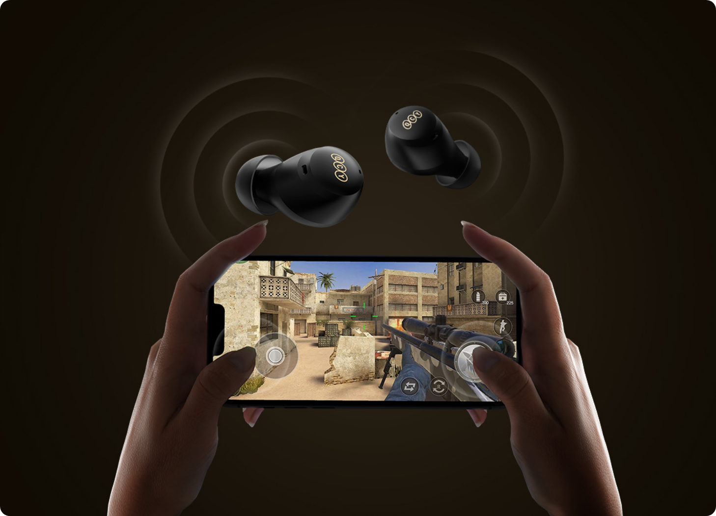 Auricolari wireless neri per gaming mobile con suono coinvolgente.