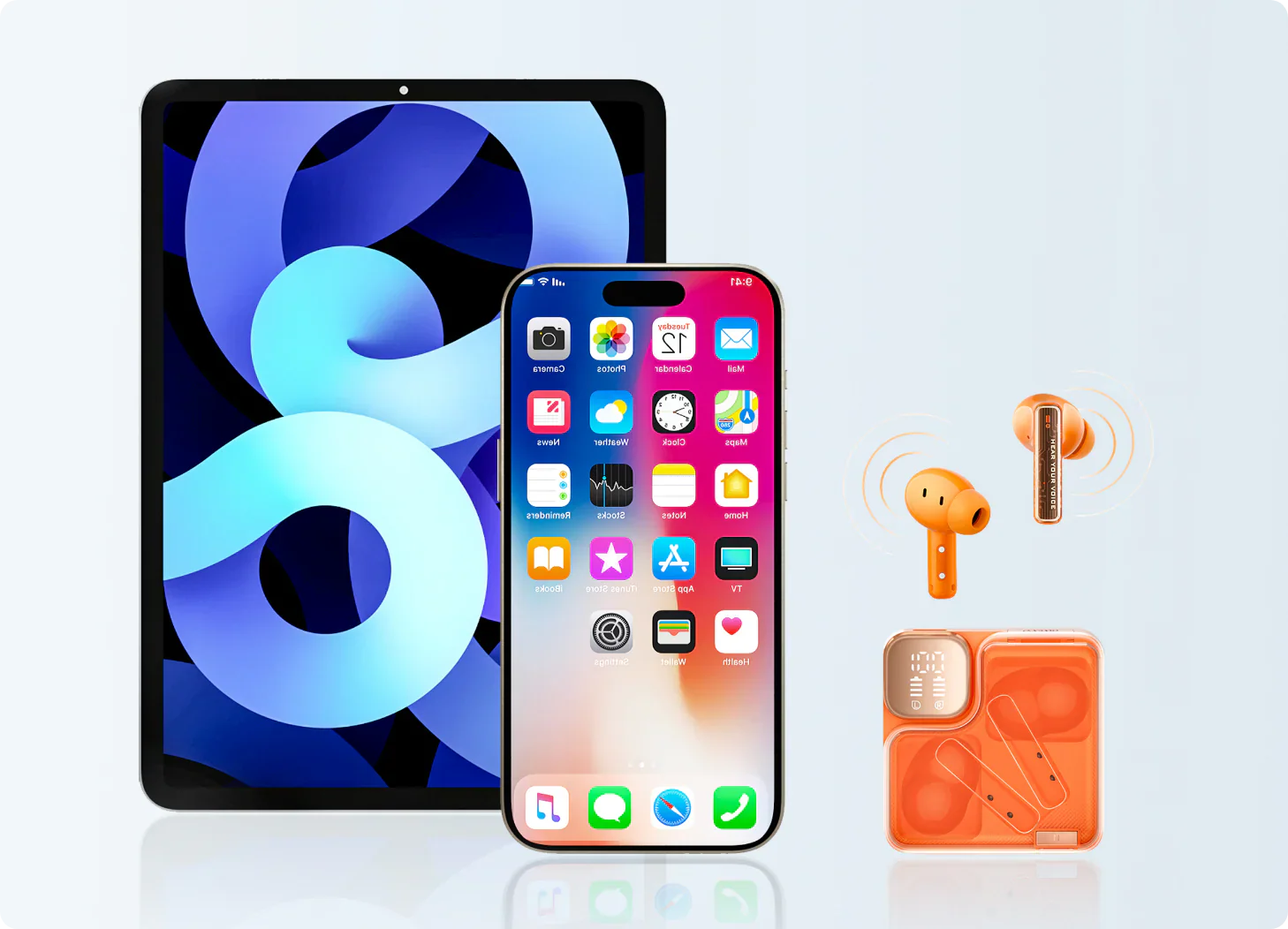 iPad, iPhone e cuffie wireless arancioni su sfondo chiaro.