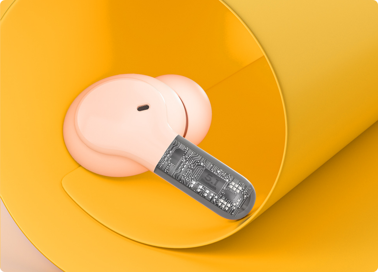 Auricolari wireless rosa con chip Bluetooth 5.1 su sfondo giallo
