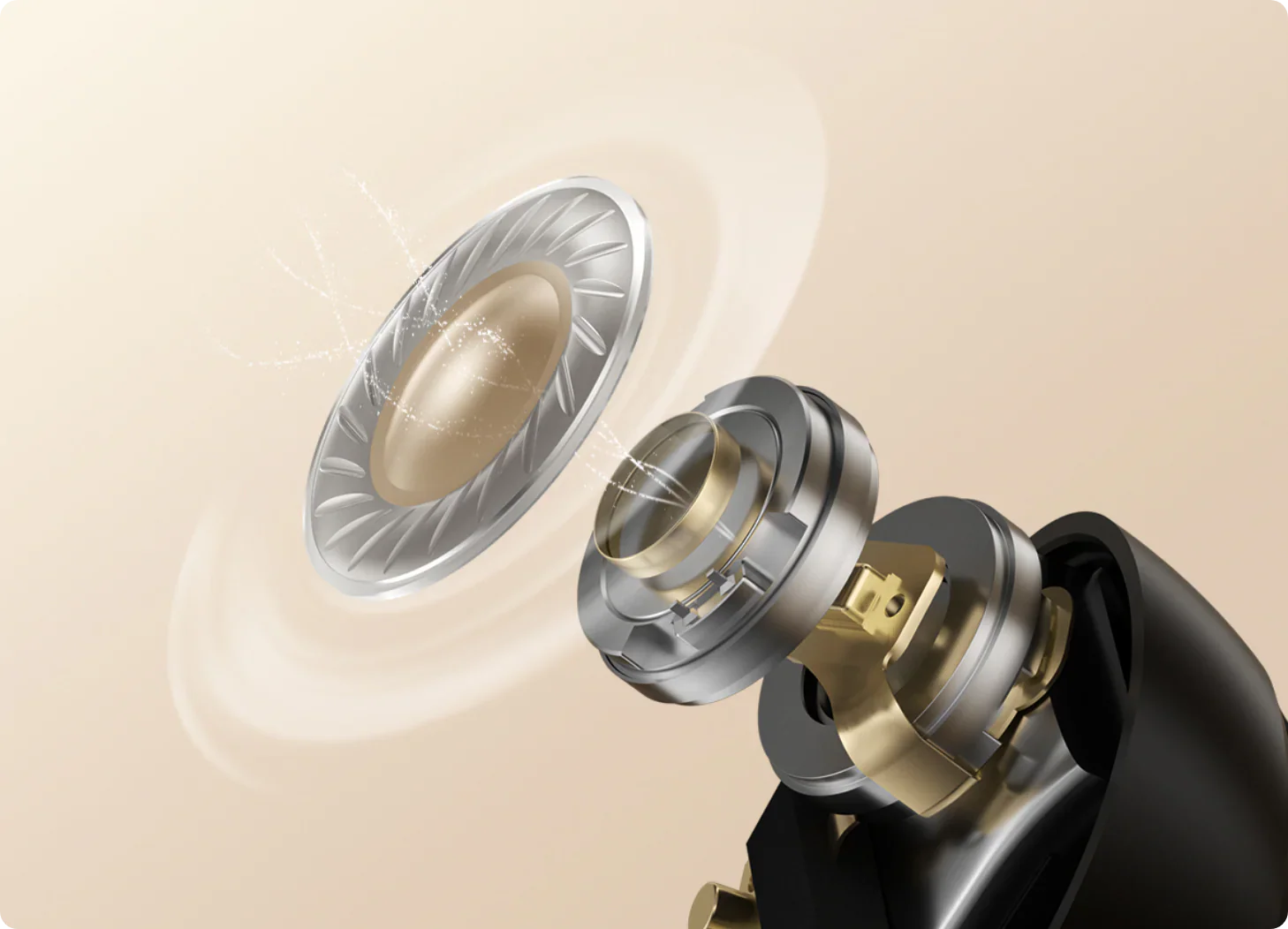 Vista esplosa di un auricolare in-ear di alta qualità con driver visibili e componenti metallici in oro e argento