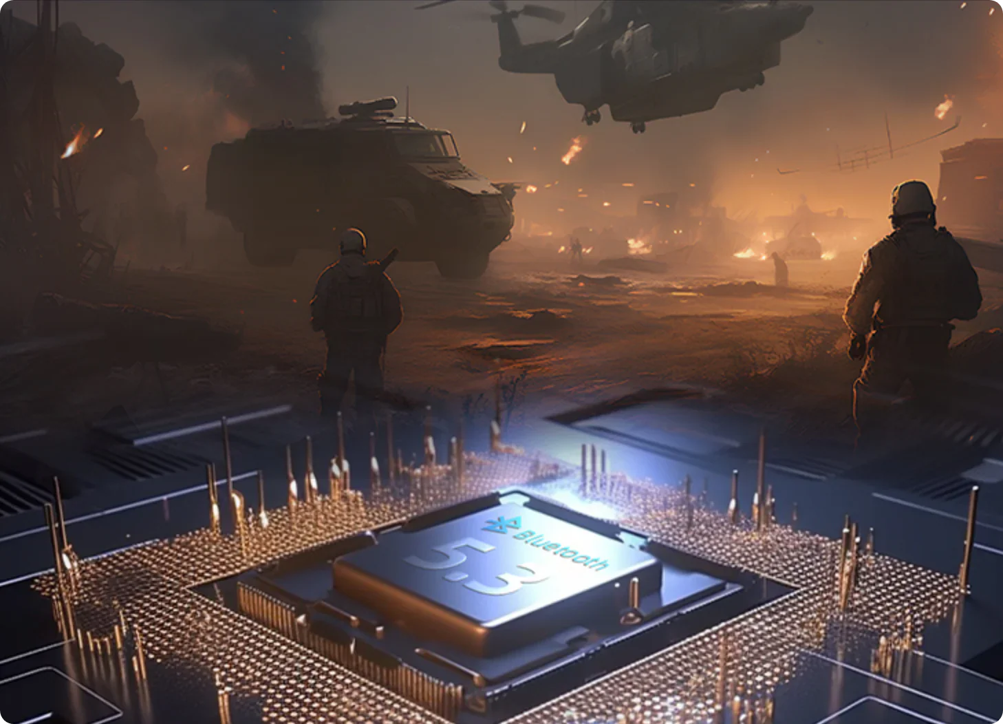 Chip Bluetooth 5.3 su scheda elettronica futuristica con scene di guerra sullo sfondo – Tecnologia militare high-tech