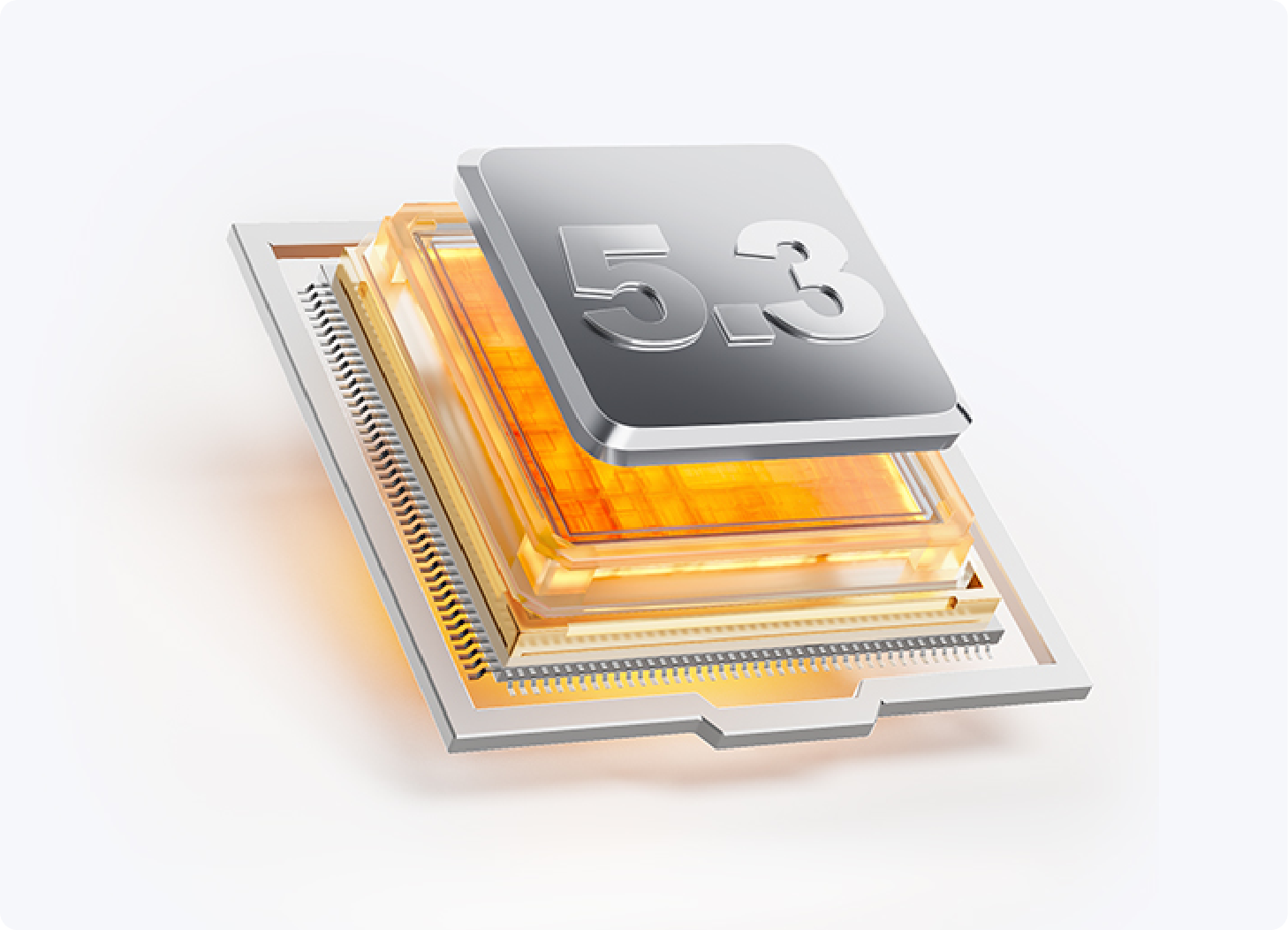 Processore CPU 5.3 con design trasparente, architettura moderna del microchip e strati dorati luminosi su sfondo bianco