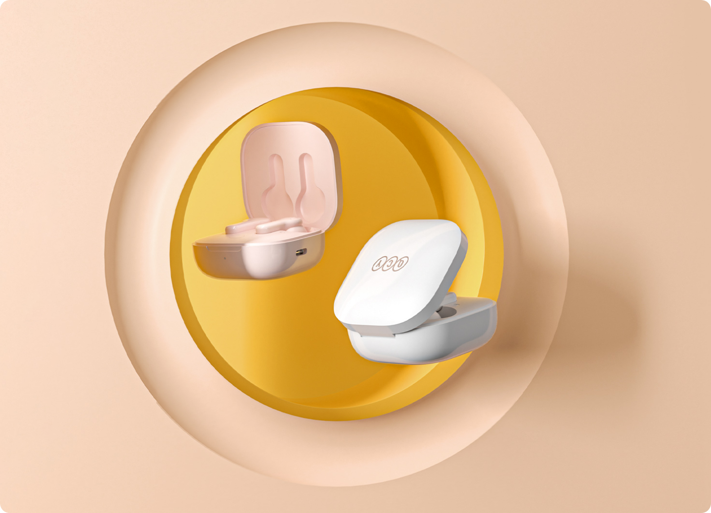 Due auricolari wireless rosa e bianchi con custodia di ricarica su sfondo giallo.