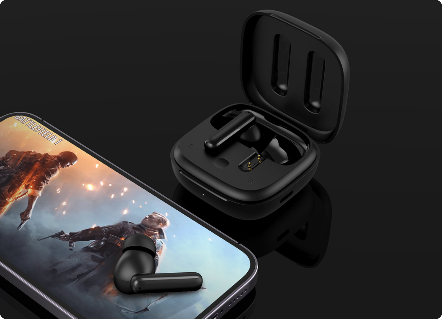 Cuffie Bluetooth nere con custodia di ricarica accanto a uno smartphone, Battlefield 1 sul display.