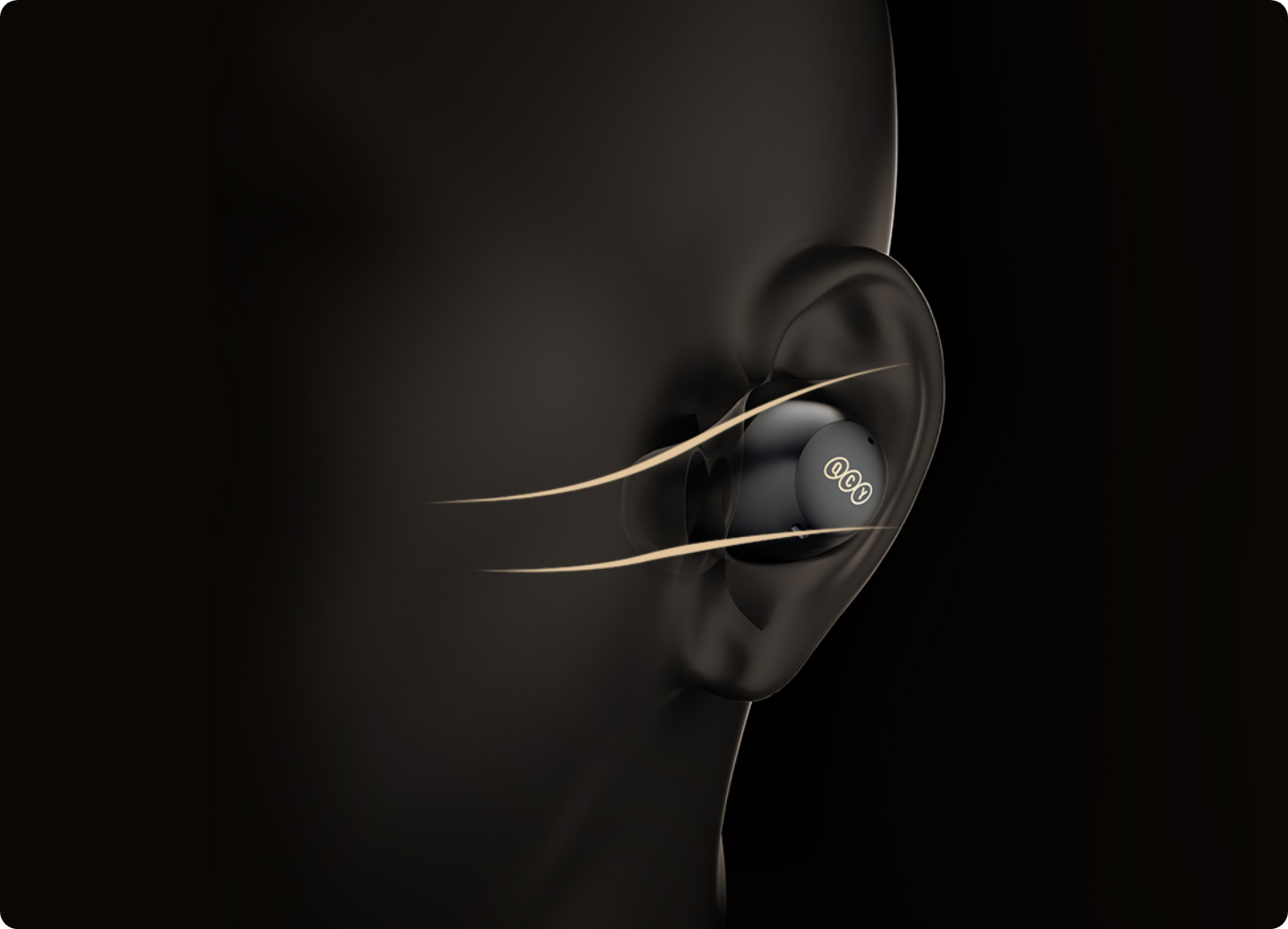 Cuffie Bluetooth QCY nere nell'orecchio con rappresentazione di onde sonore su sfondo scuro.