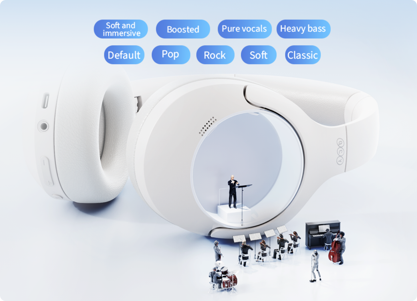 Cuffie over-ear bianche con mini orchestra all'interno dell'archetto auricolare e modalità EQ come Pop, Rock, Classica per un suono immersivo.
