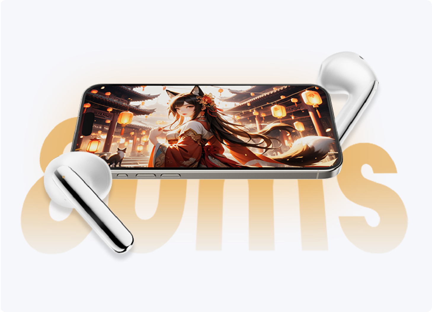 Cuffie wireless bianche accanto a uno smartphone con schermo anime, ideali per musica e chiamate – design moderno e qualità audio chiara