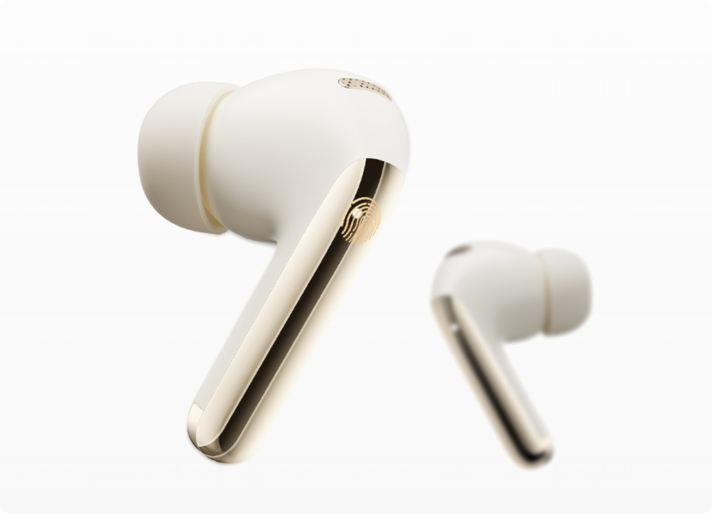 Auricolari wireless in-ear bianchi con linea d'accento dorata e sensore di impronte digitali su sfondo bianco.