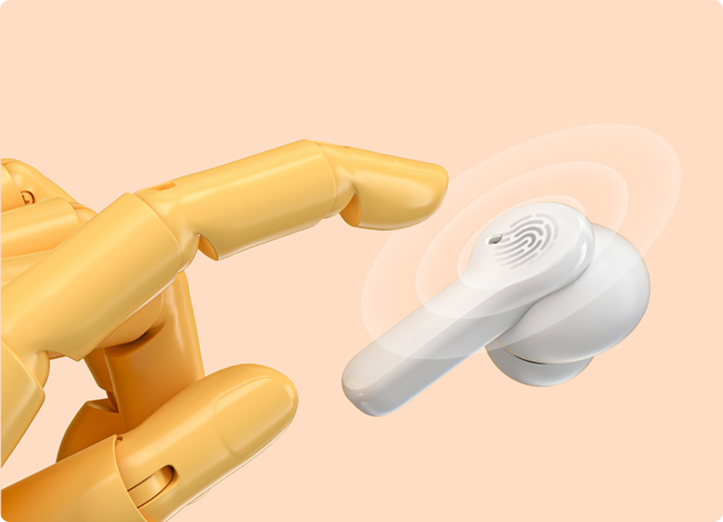 Auricolari wireless bianchi fluttuano accanto a una mano robotica gialla su sfondo pastello.