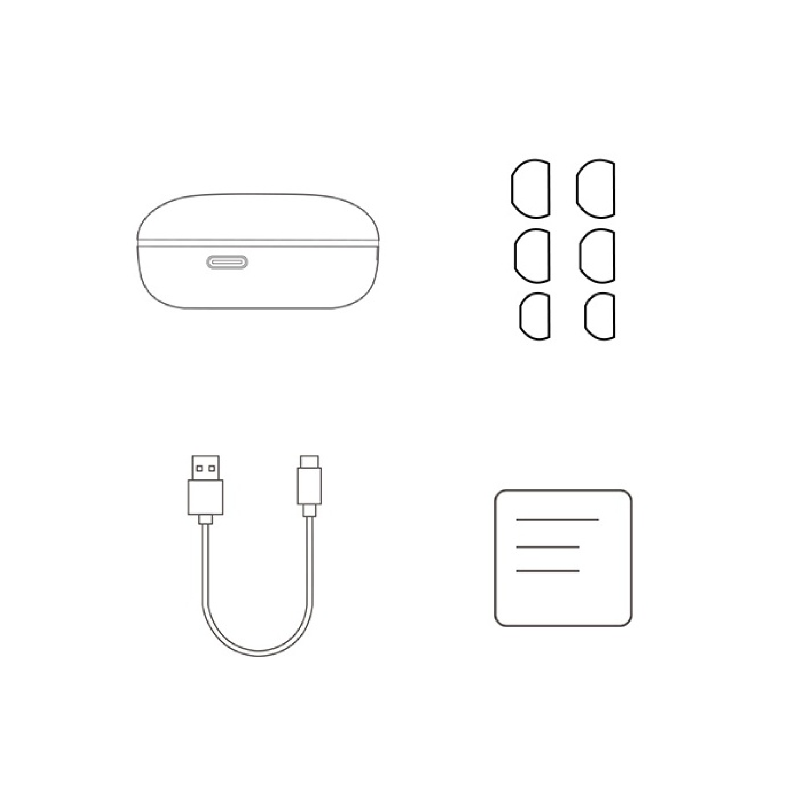 Ricambi per cuffie wireless: custodia, auricolari, cavo USB e manuale.
