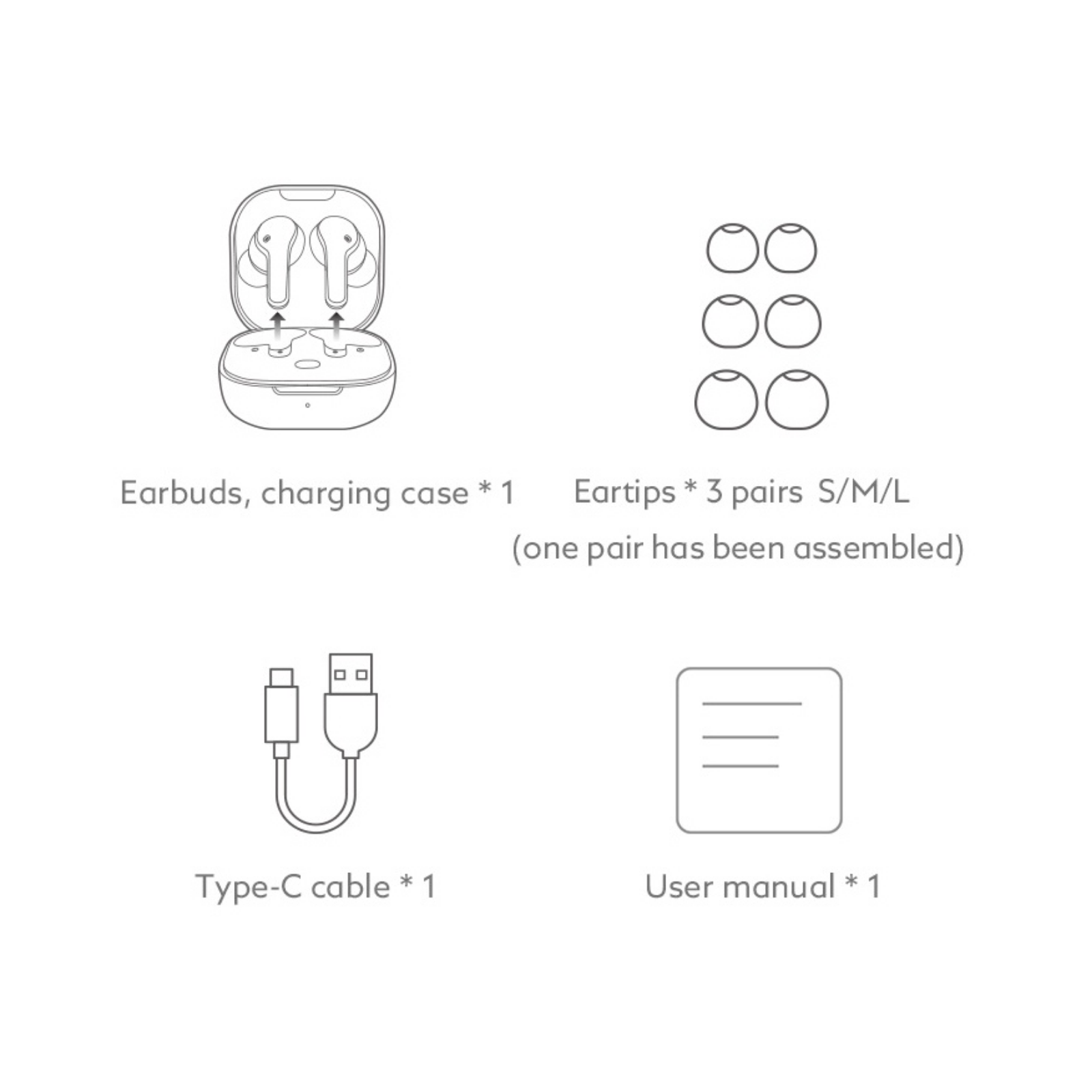 Contenuto della confezione: auricolari wireless con custodia di ricarica, 3 paia di inserti in silicone (S/M/L), cavo USB-C e manuale d’uso.