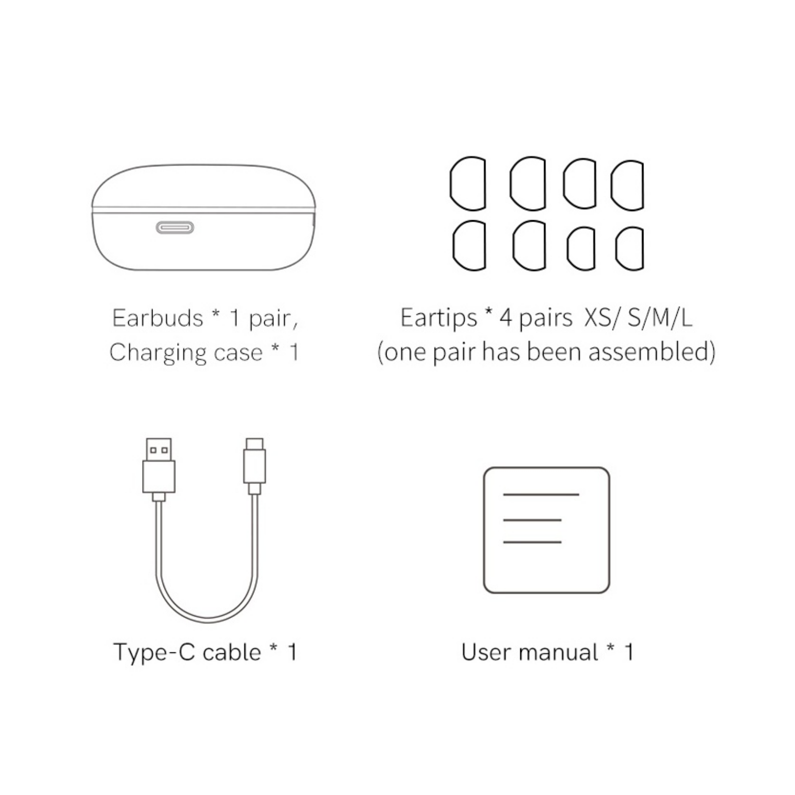Auricolari in-ear con custodia di ricarica, 4 misure di gommini, cavo di ricarica USB-C e manuale d'uso.