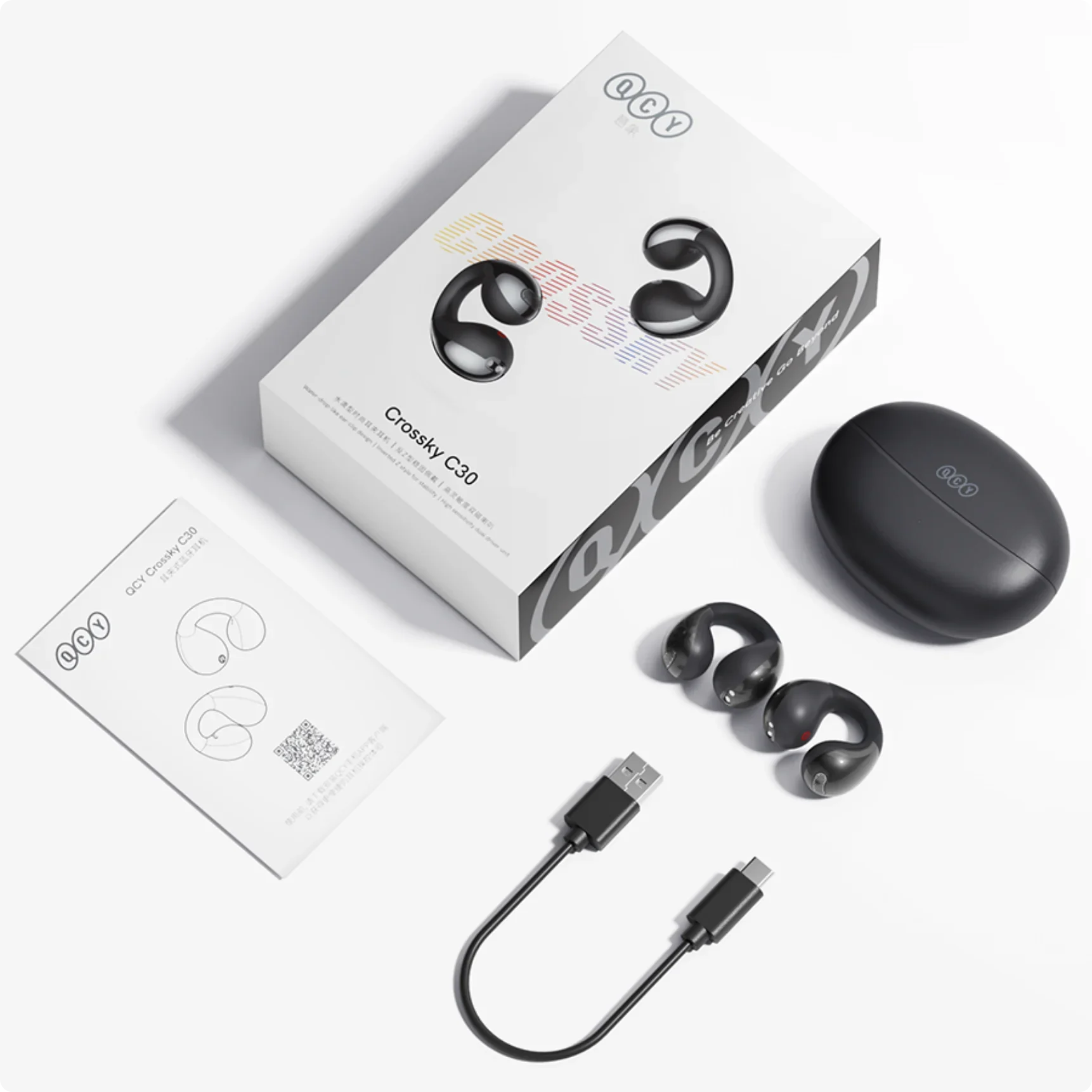 Cuffie a conduzione ossea QCY Crossky C30 con custodia di ricarica, cavo USB e manuale – nero, design aperto per sport e uso quotidiano
