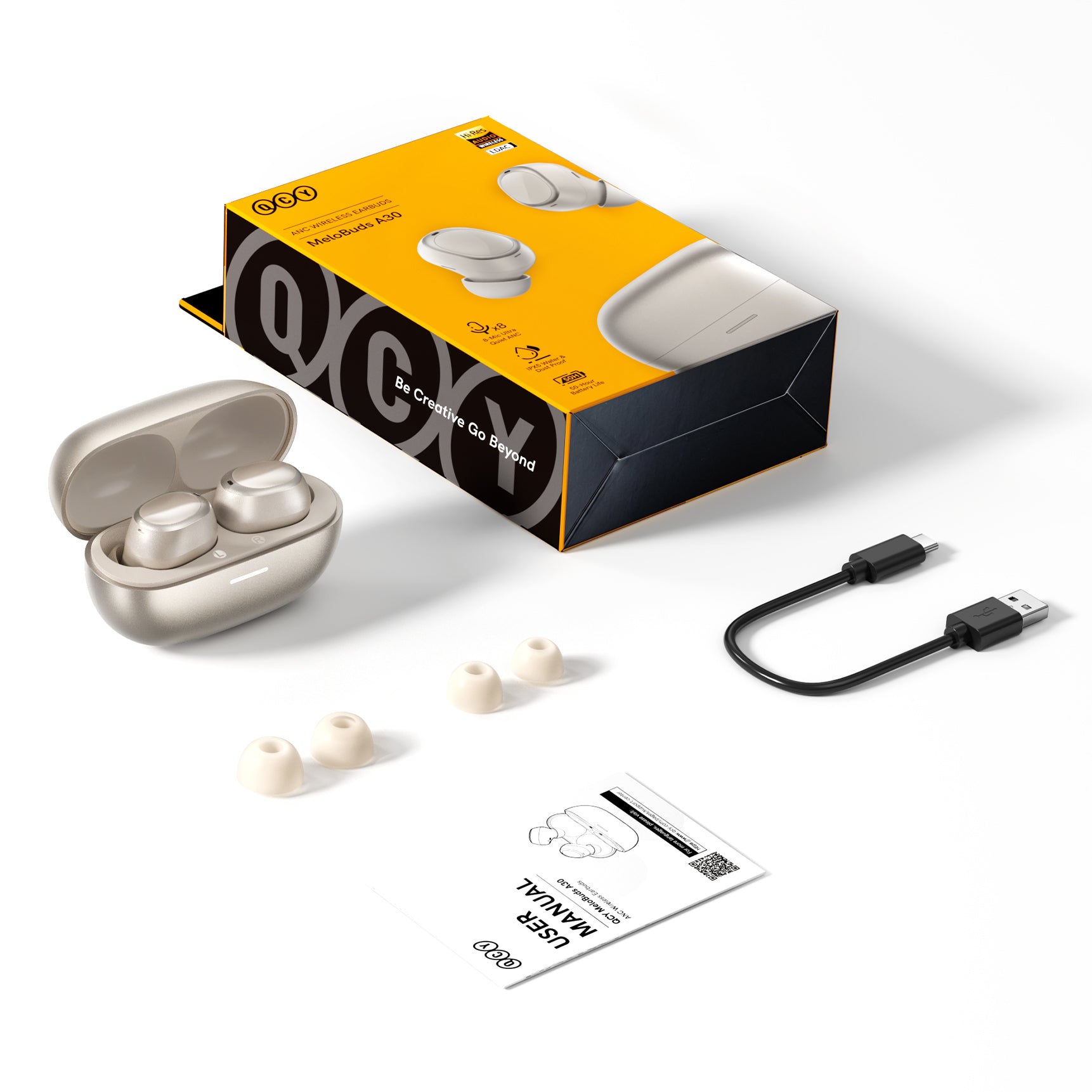 Auricolari True Wireless QCY Melobuds A30 con custodia di ricarica, cavo USB-C e auricolari di ricambio.