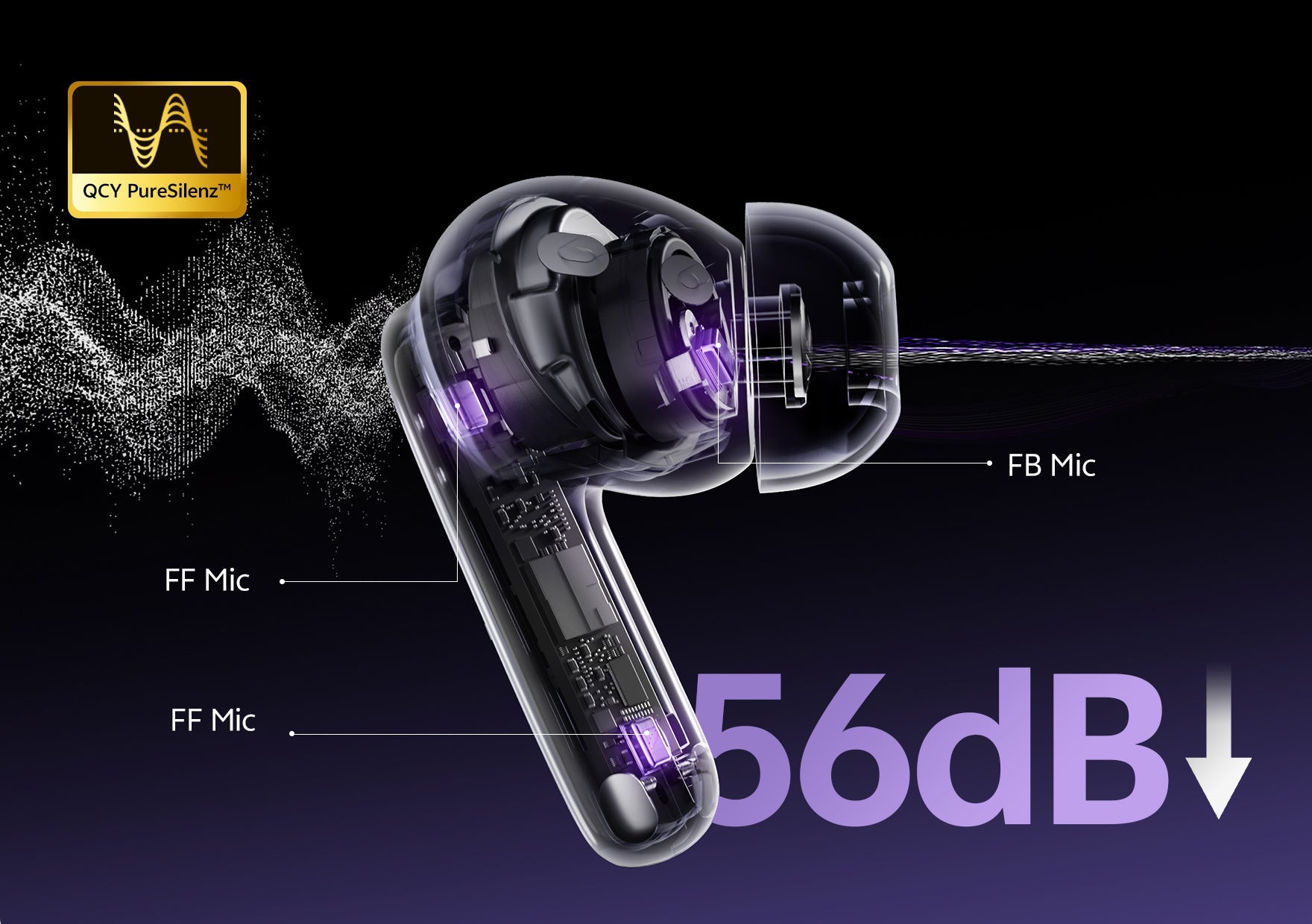Cuffie True Wireless QCY con tecnologia PureSilenz™ e cancellazione del rumore da 56dB. Design trasparente che mostra l'interno Mi