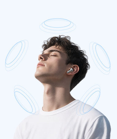 Giovane uomo con auricolari wireless, espressione rilassata, onde sonore blu intorno alla testa.