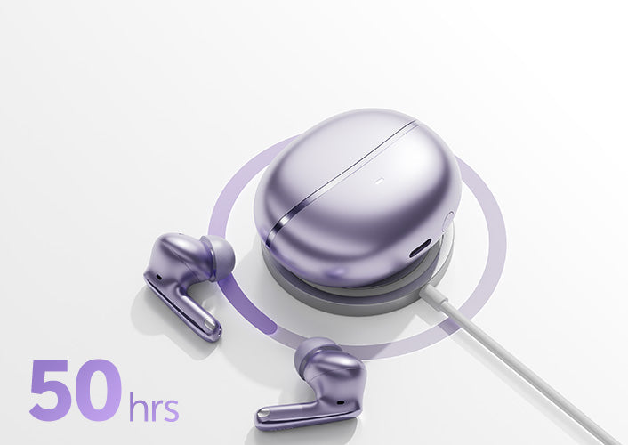Cuffie Bluetooth lilla con custodia di ricarica, 50 ore di autonomia.