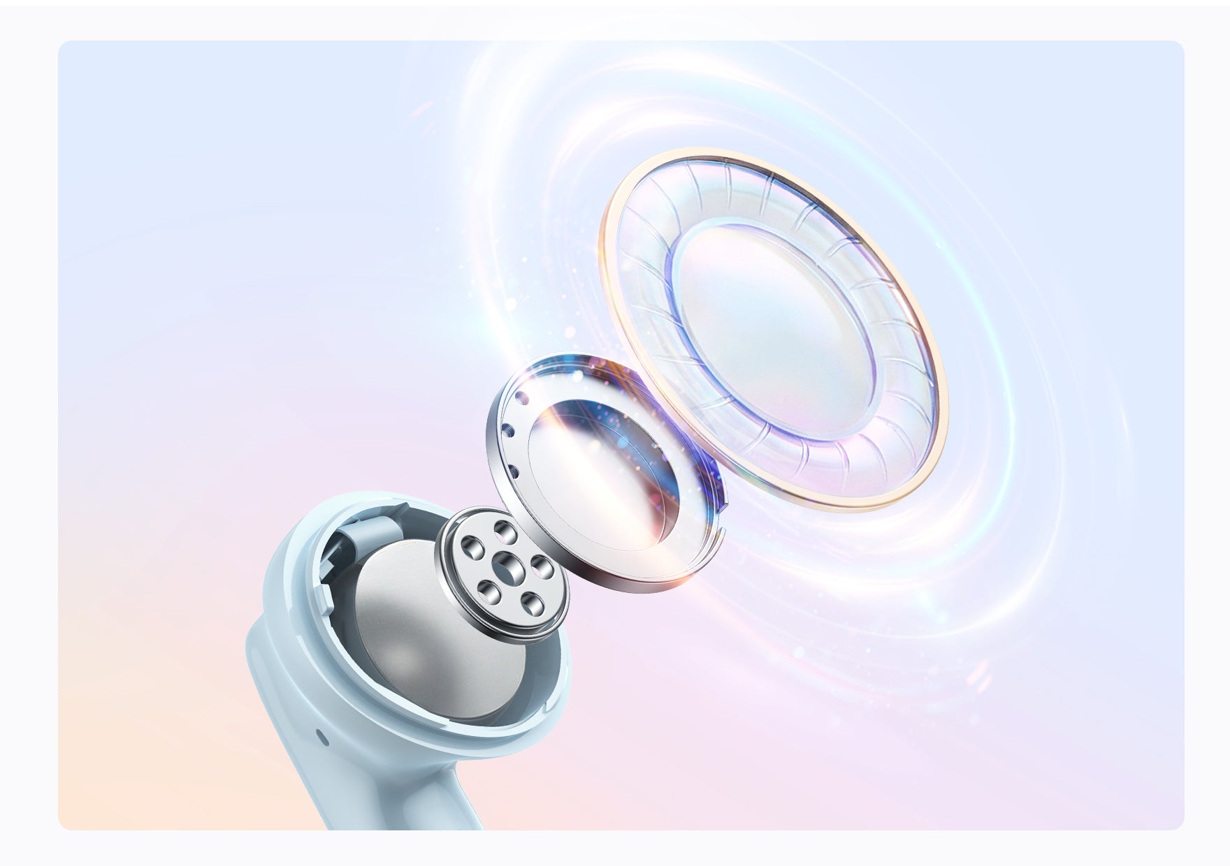 Componenti interne di un auricolare Bluetooth con driver multistrato per un suono cristallino.