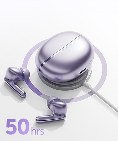 Auricolari wireless viola con custodia di ricarica, 50 ore di autonomia della batteria.