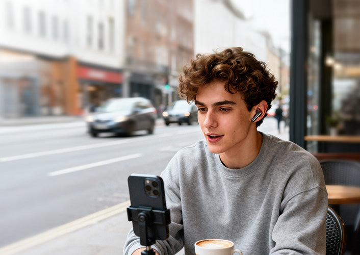 Giovane uomo con cuffie che registra un video davanti a un caffè con lo smartphone