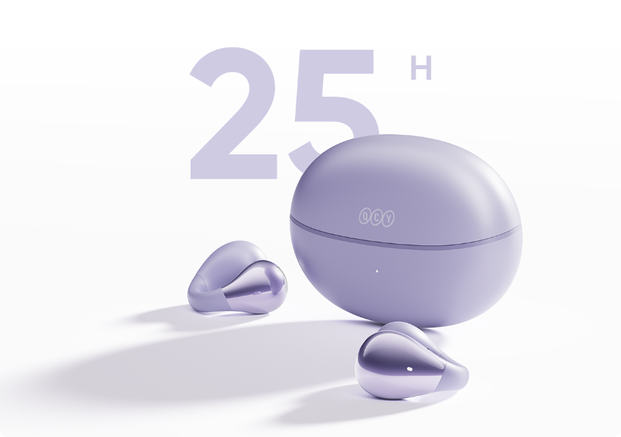 Cuffie QCY Melobuds ANC: 25 ore di autonomia, design viola con custodia di ricarica.