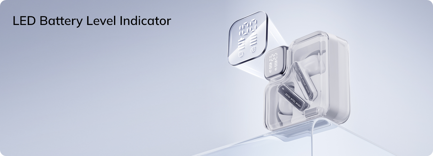 Cuffie Bluetooth trasparenti con indicatore LED della batteria nella custodia di ricarica.
