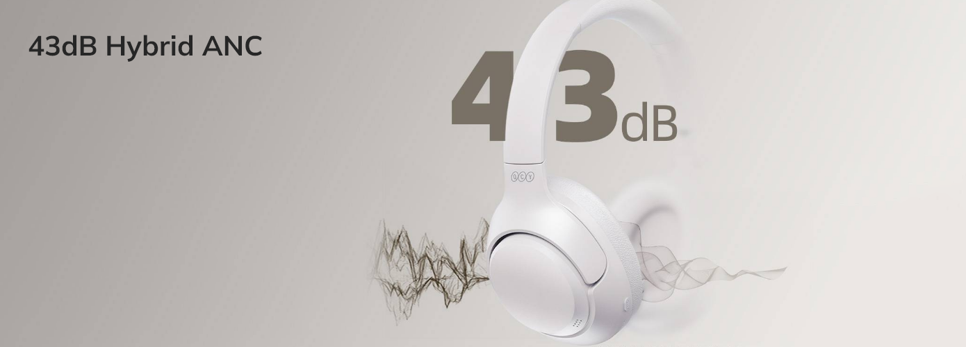 Cuffie over-ear bianche con ANC ibrido da 43 dB – cancellazione del rumore visualizzata tramite forme d’onda.