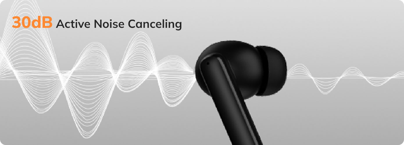 Auricolari in-ear neri con cancellazione attiva del rumore da 30dB su sfondo con onde sonore.