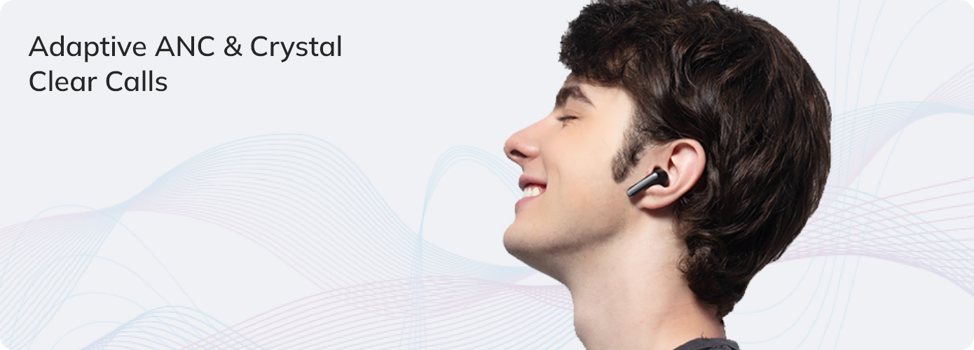 Uomo con auricolari wireless, ANC adattivo e chiamate cristalline, design moderno, qualità audio eccellente