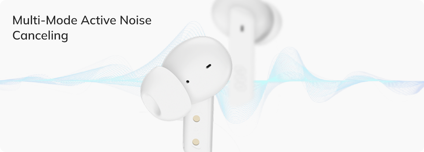 Cuffie wireless bianche con cancellazione attiva del rumore multi-modalità e visualizzazione delle onde.